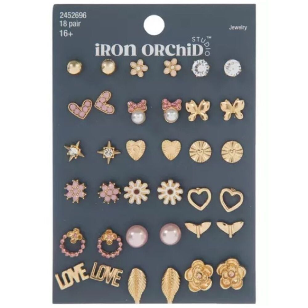 New Iron Orchid 18-Pair Gold & Pink Stud Earring Set
